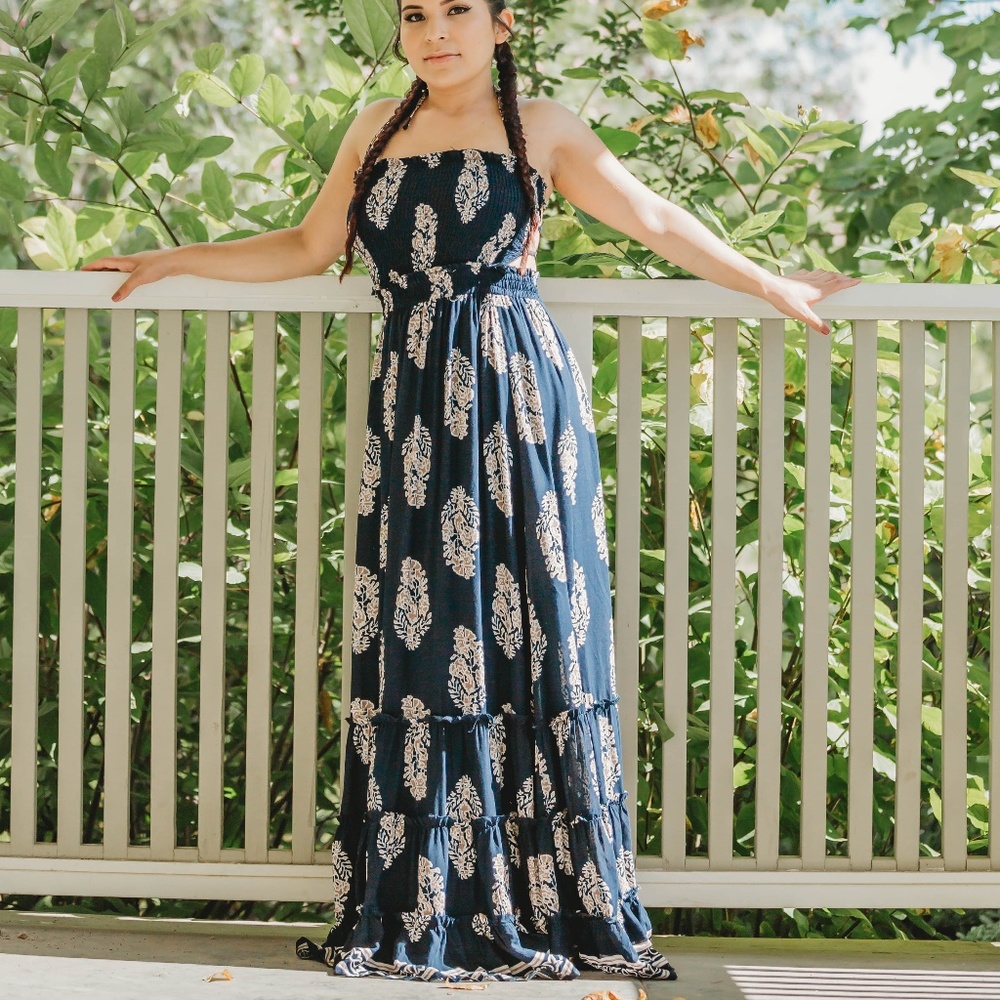 Navy Blue Maxi Dress With Smocked Top